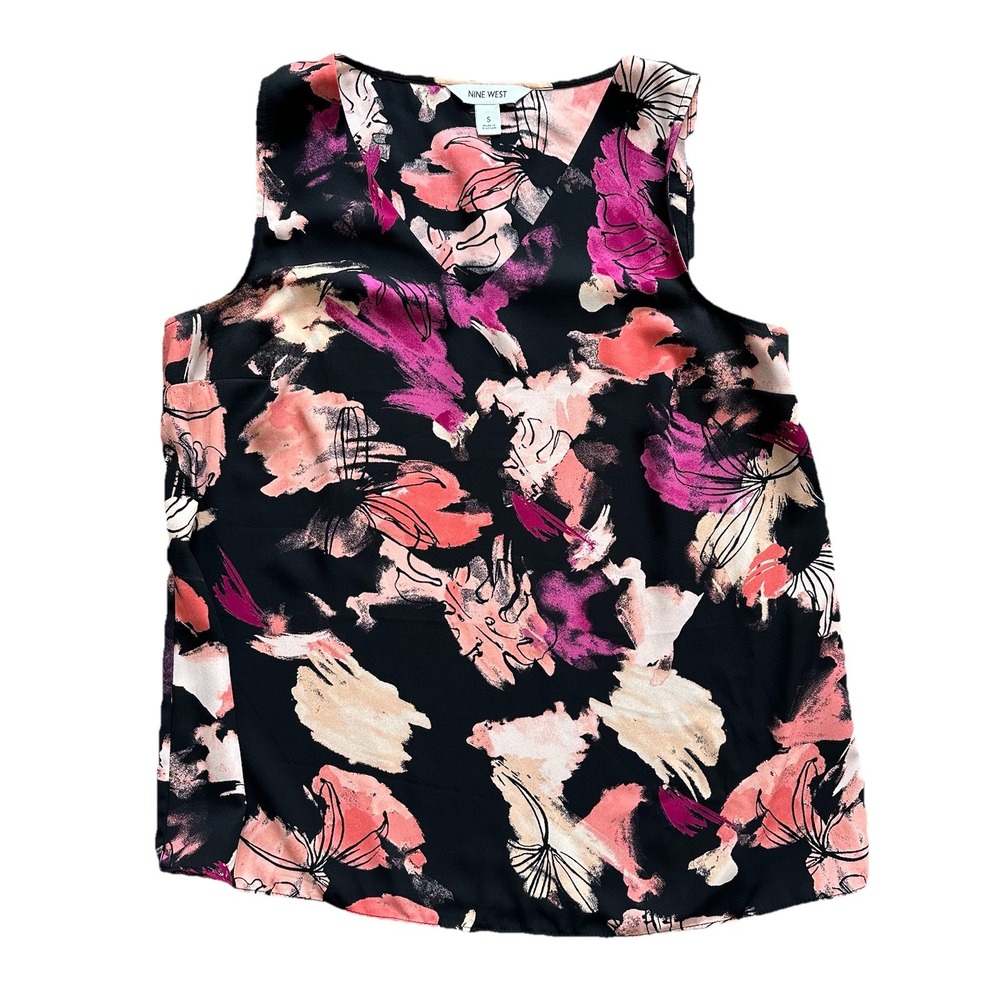 Nine West Tank top Women's Small Black Pink V-neck Blouse Floral Design